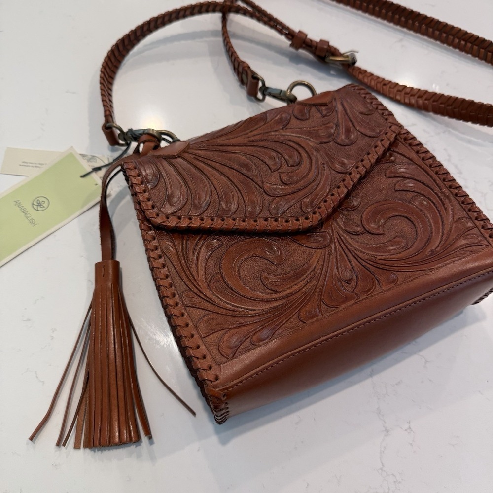 Anabaglish Joan Hand Tooled Leather Crossbody Bag Saddle Brown Whipstitch Tassel